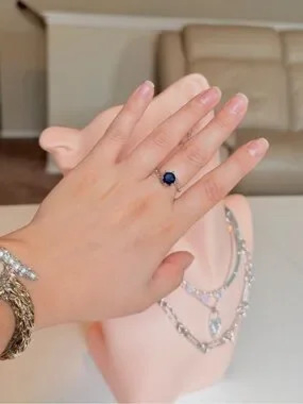 Silver Tone With Clear and Blue Crystals Ring